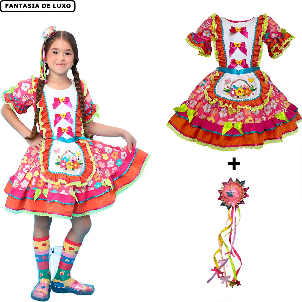 Vestido Festa Junina Infantil Luxo Rosa Roupa Caipira Floral Com Mini Chapeu de Palha