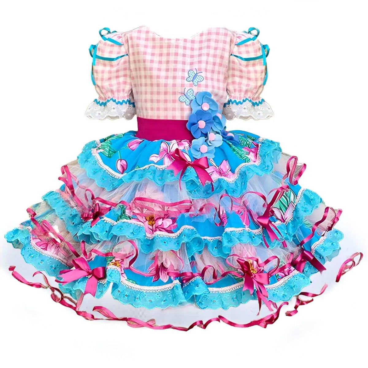 Vestido Festa Junina Xadrez Rosa Infantil Super Luxo Rodado Com Laço
