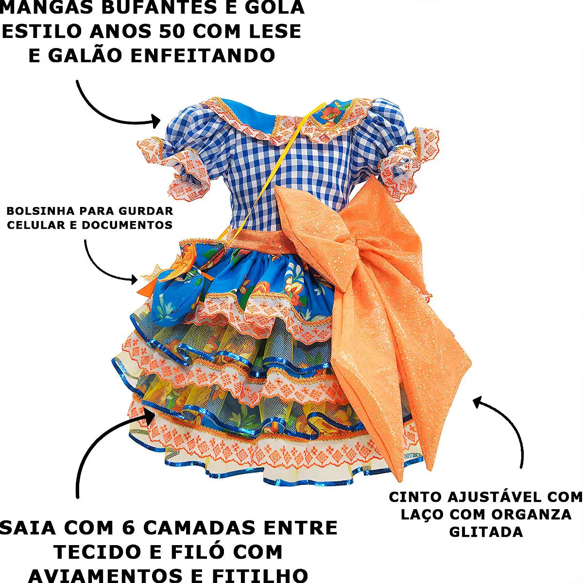 Vestido Festa Junina Infantil Xadrez Super Luxo Rodado Com Babados e Bolsa