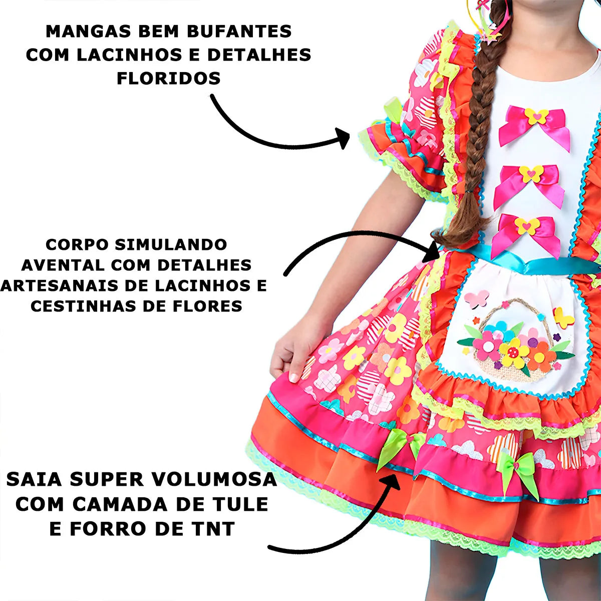 Vestido Festa Junina Infantil Luxo Rosa Roupa Caipira Floral Com Mini Chapeu de Palha