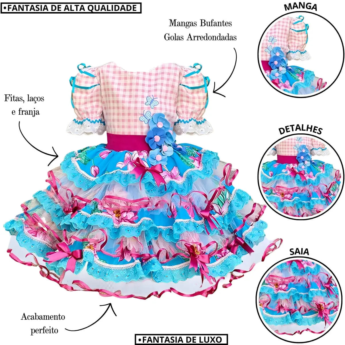 Vestido Festa Junina Xadrez Rosa Infantil Super Luxo Rodado Com Laço
