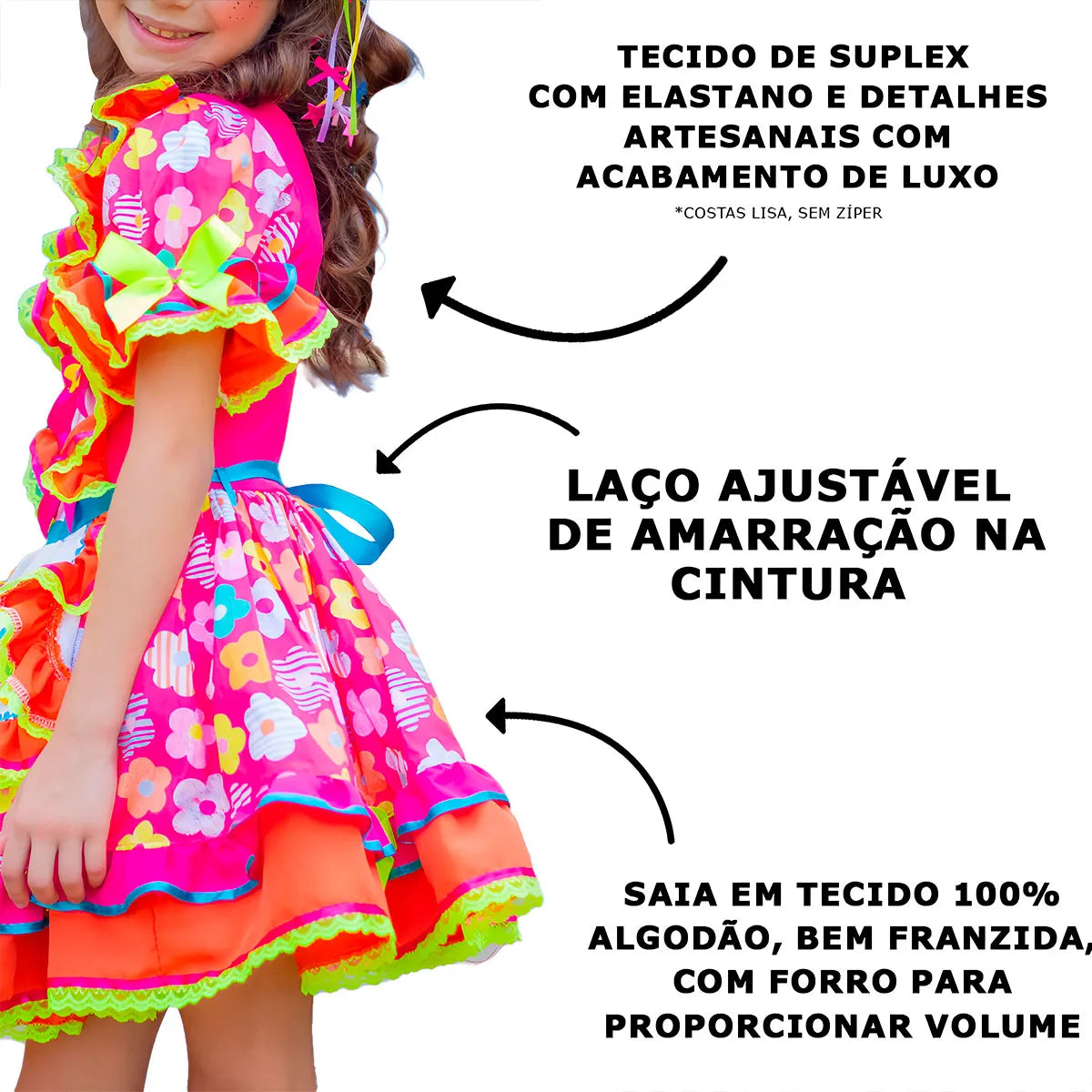 Vestido Festa Junina Infantil Luxo Rosa Roupa Caipira Floral Com Mini Chapeu de Palha