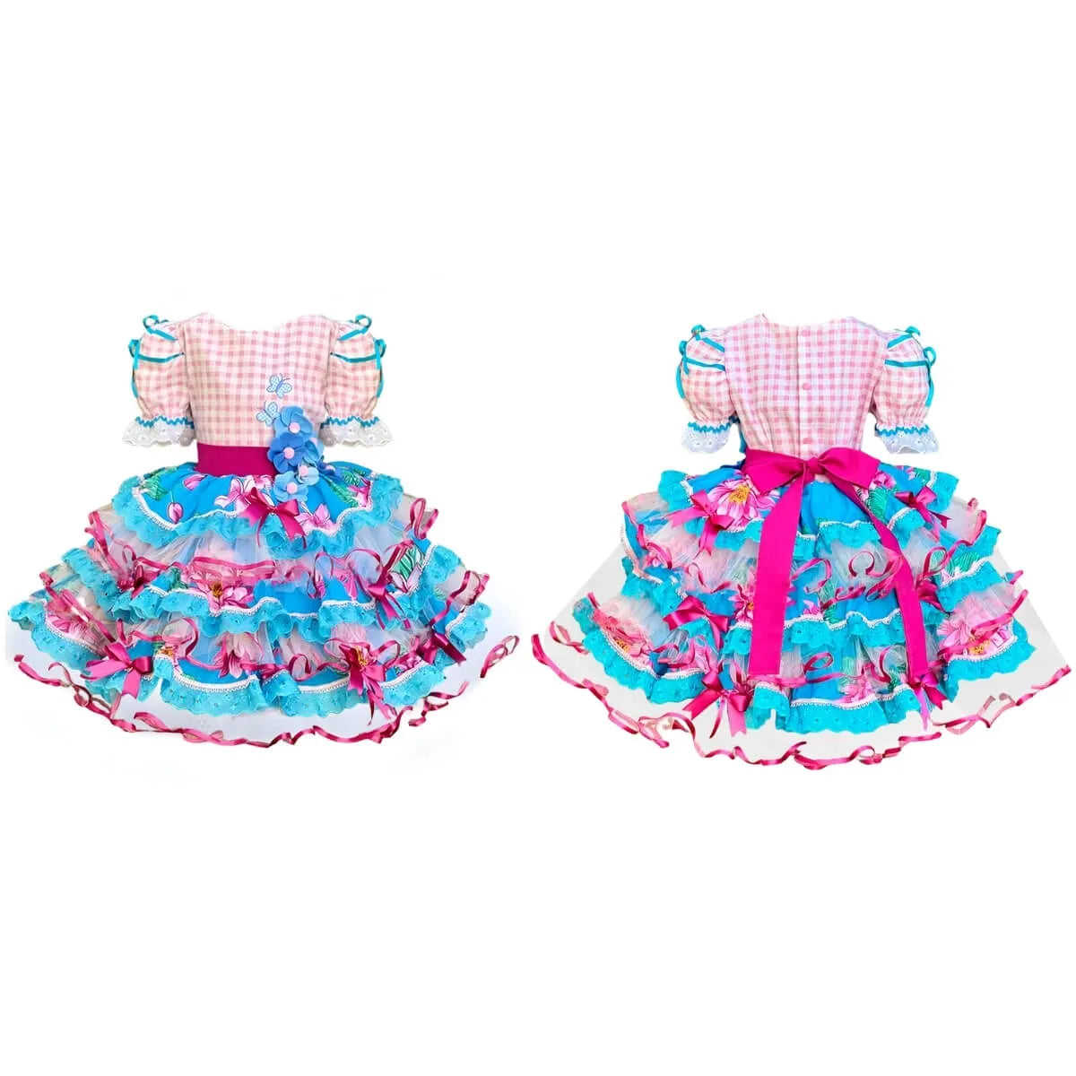 Vestido Festa Junina Xadrez Rosa Infantil Super Luxo Rodado Com Laço