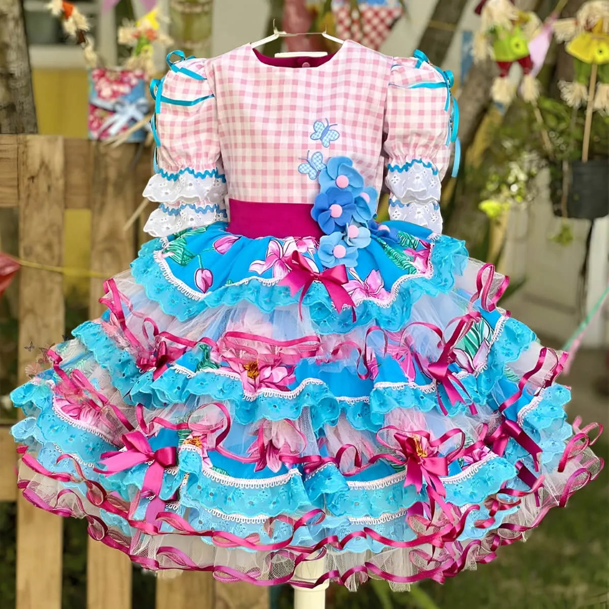 Vestido Festa Junina Xadrez Rosa Infantil Super Luxo Rodado Com Laço