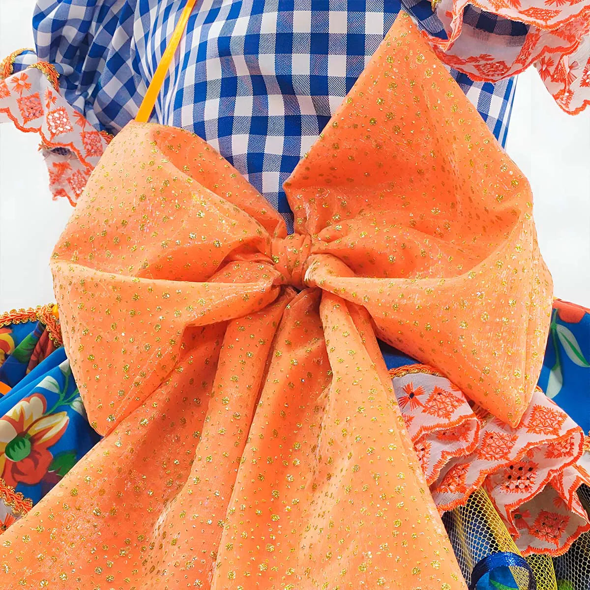 Vestido Festa Junina Infantil Xadrez Super Luxo Rodado Com Babados e Bolsa