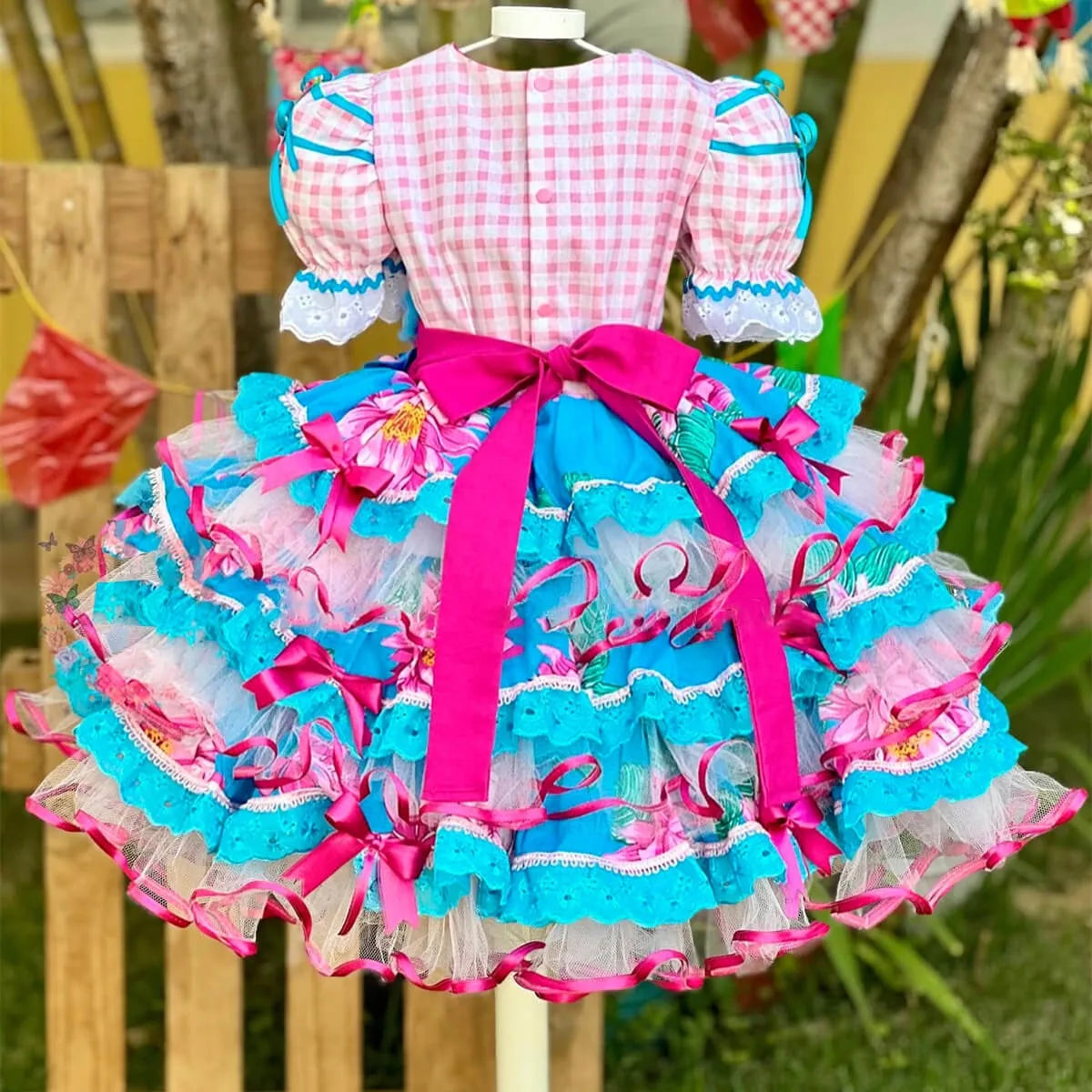 Vestido Festa Junina Xadrez Rosa Infantil Super Luxo Rodado Com Laço