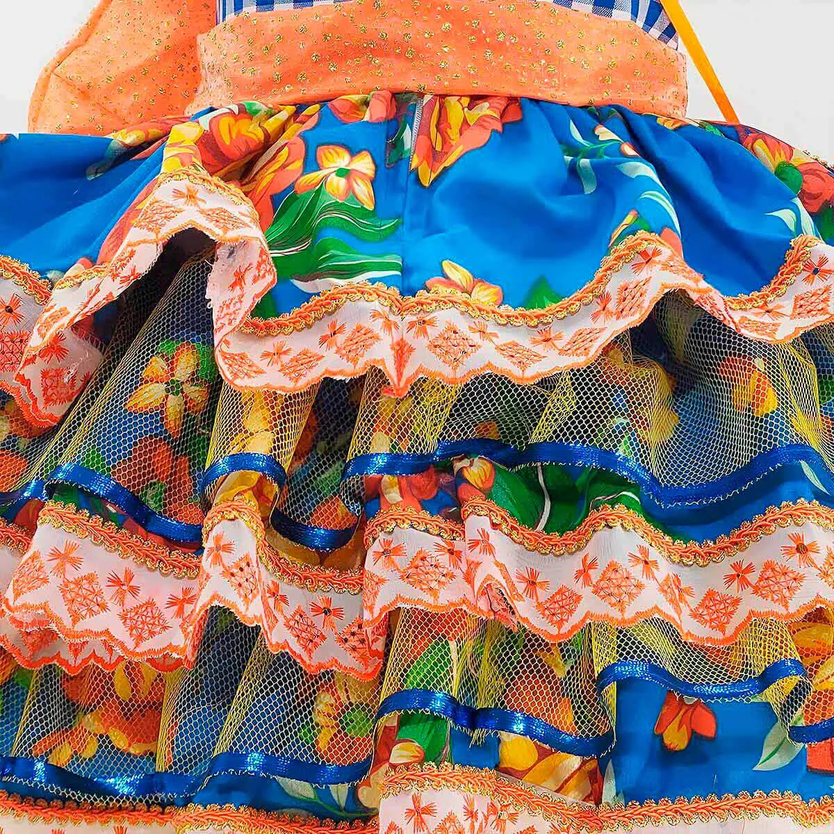 Vestido Festa Junina Infantil Xadrez Super Luxo Rodado Com Babados e Bolsa