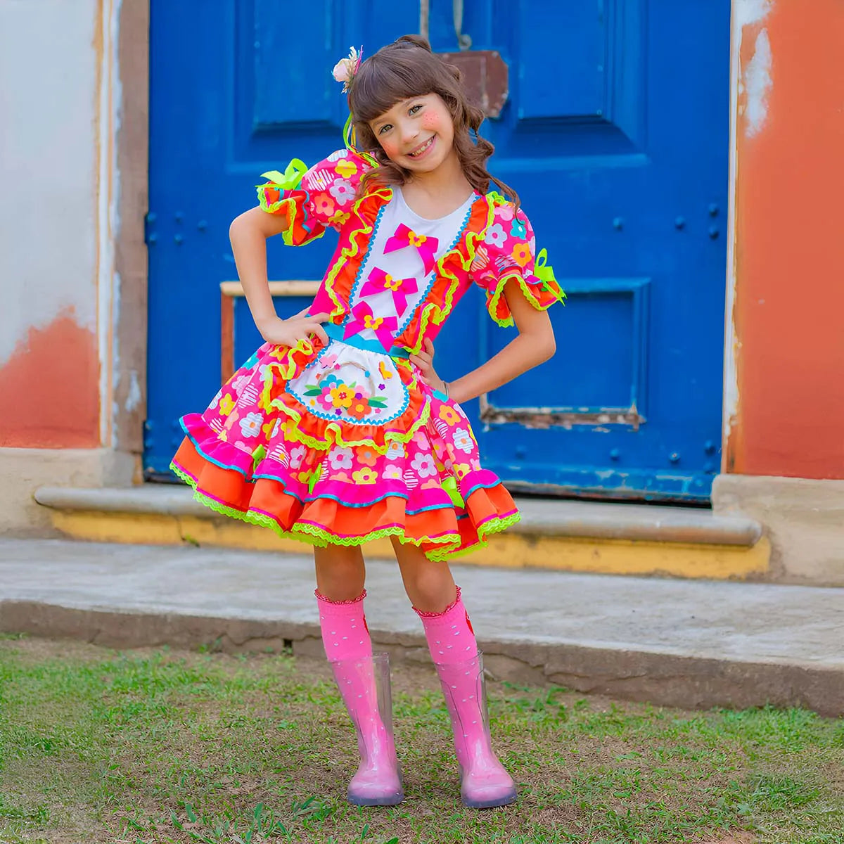 Vestido Festa Junina Infantil Luxo Rosa Roupa Caipira Floral Com Mini Chapeu de Palha