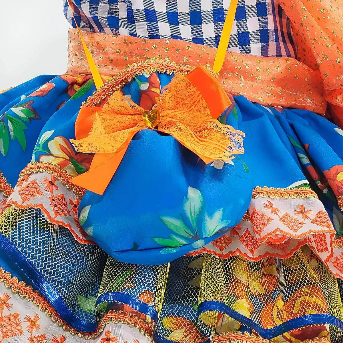 Vestido Festa Junina Infantil Xadrez Super Luxo Rodado Com Babados e Bolsa