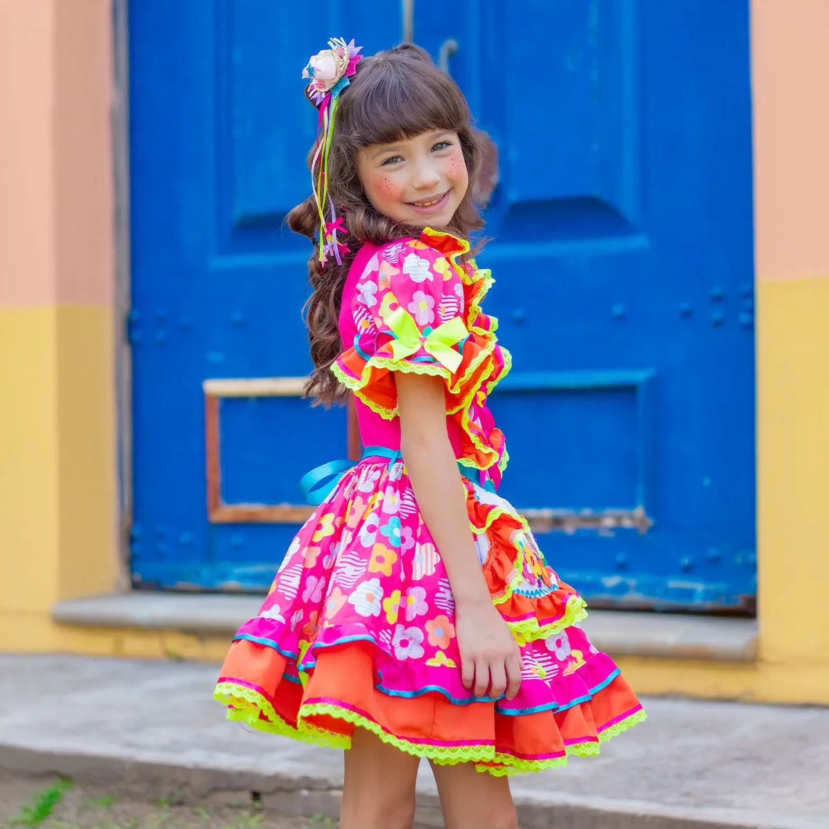Vestido Festa Junina Infantil Luxo Rosa Roupa Caipira Floral Com Mini Chapeu de Palha