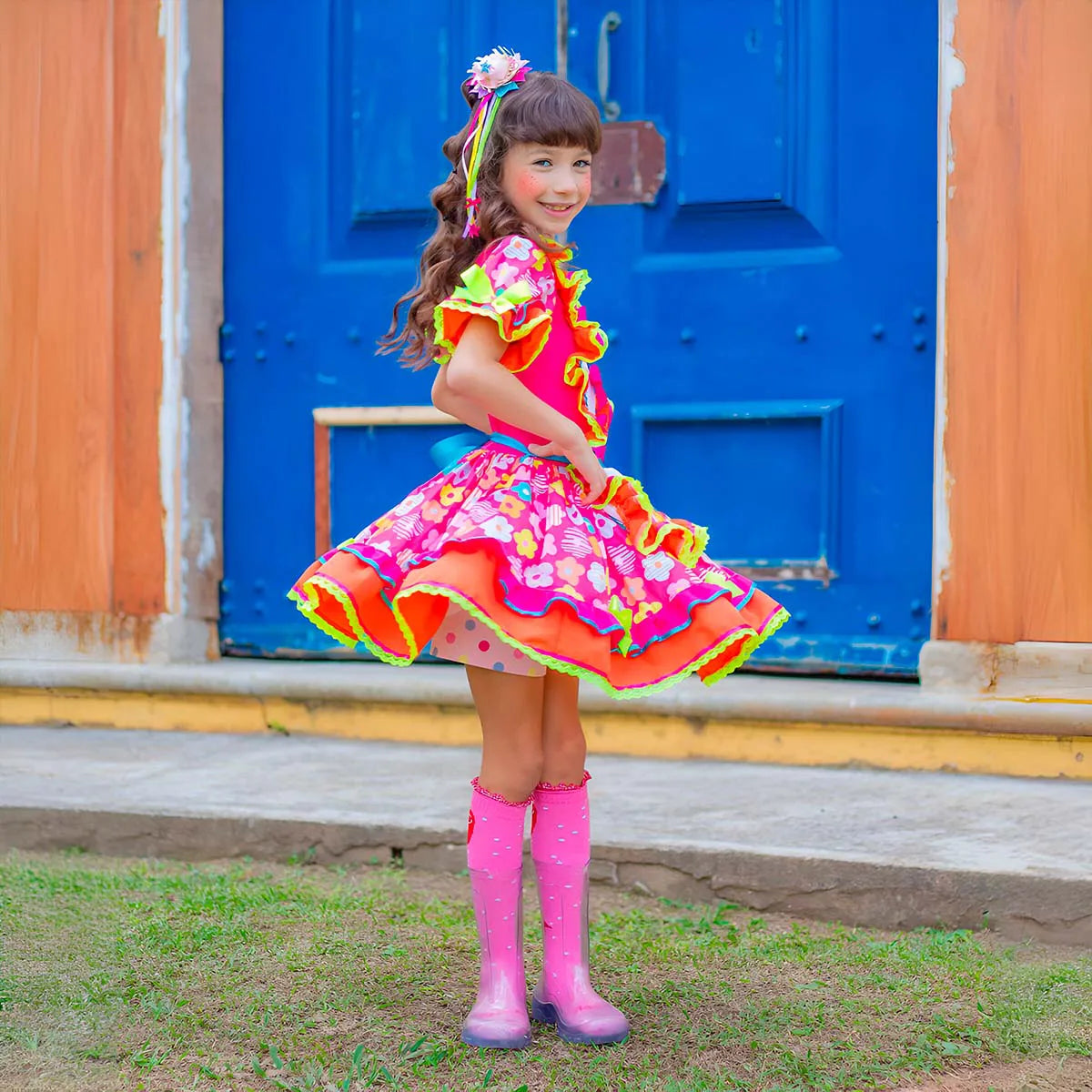 Vestido Festa Junina Infantil Luxo Rosa Roupa Caipira Floral Com Mini Chapeu de Palha