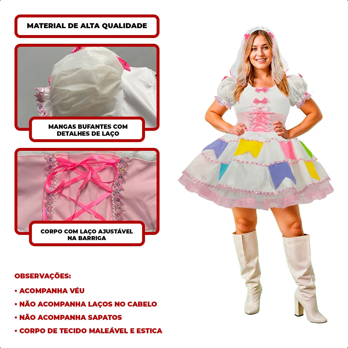 Vestido de Luxo Noiva para Festa Junina Plus Size com Tiara de Véu