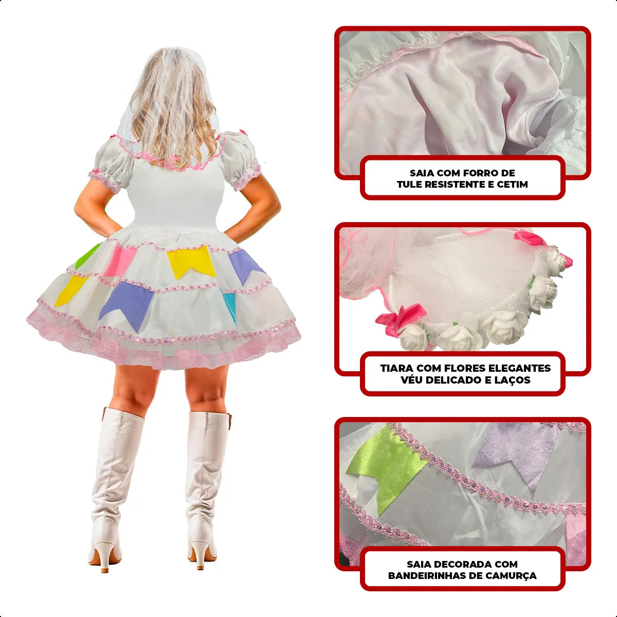 Vestido de Luxo Noiva para Festa Junina Plus Size com Tiara de Véu