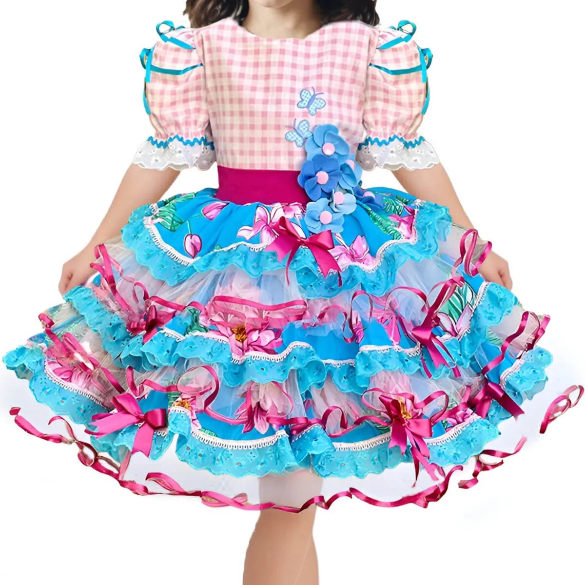 Vestido Festa Junina Xadrez Rosa Infantil Super Luxo Rodado Com Laço