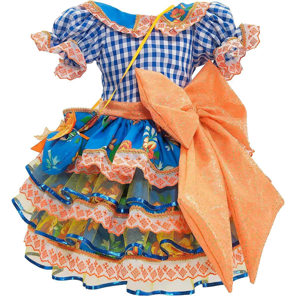 Vestido Festa Junina Infantil Xadrez Super Luxo Rodado Com Babados e Bolsa