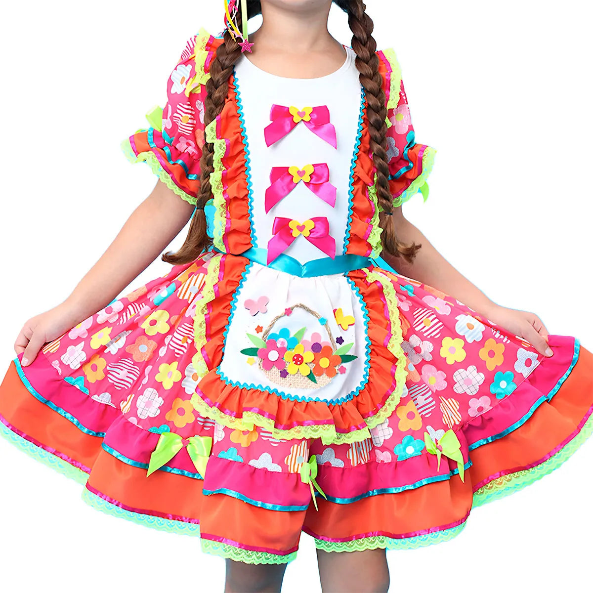 Vestido Festa Junina Infantil Luxo Rosa Roupa Caipira Floral Com Mini Chapeu de Palha