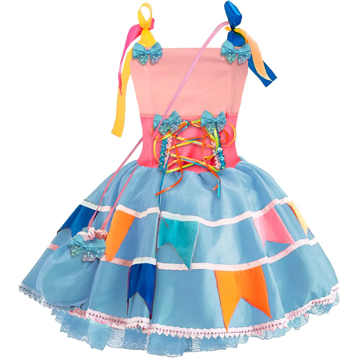 Vestido Festa Junina Infantil Rosa Com Bandeirinhas e Bolsinha