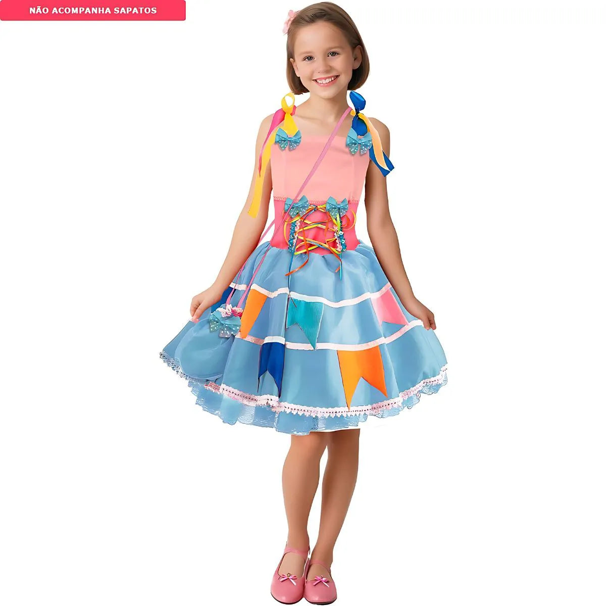 Vestido Festa Junina Infantil Rosa Com Bandeirinhas e Bolsinha