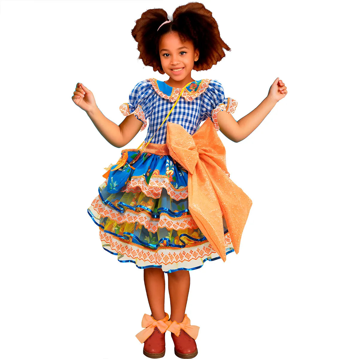 Vestido Festa Junina Infantil Xadrez Super Luxo Rodado Com Babados e Bolsa