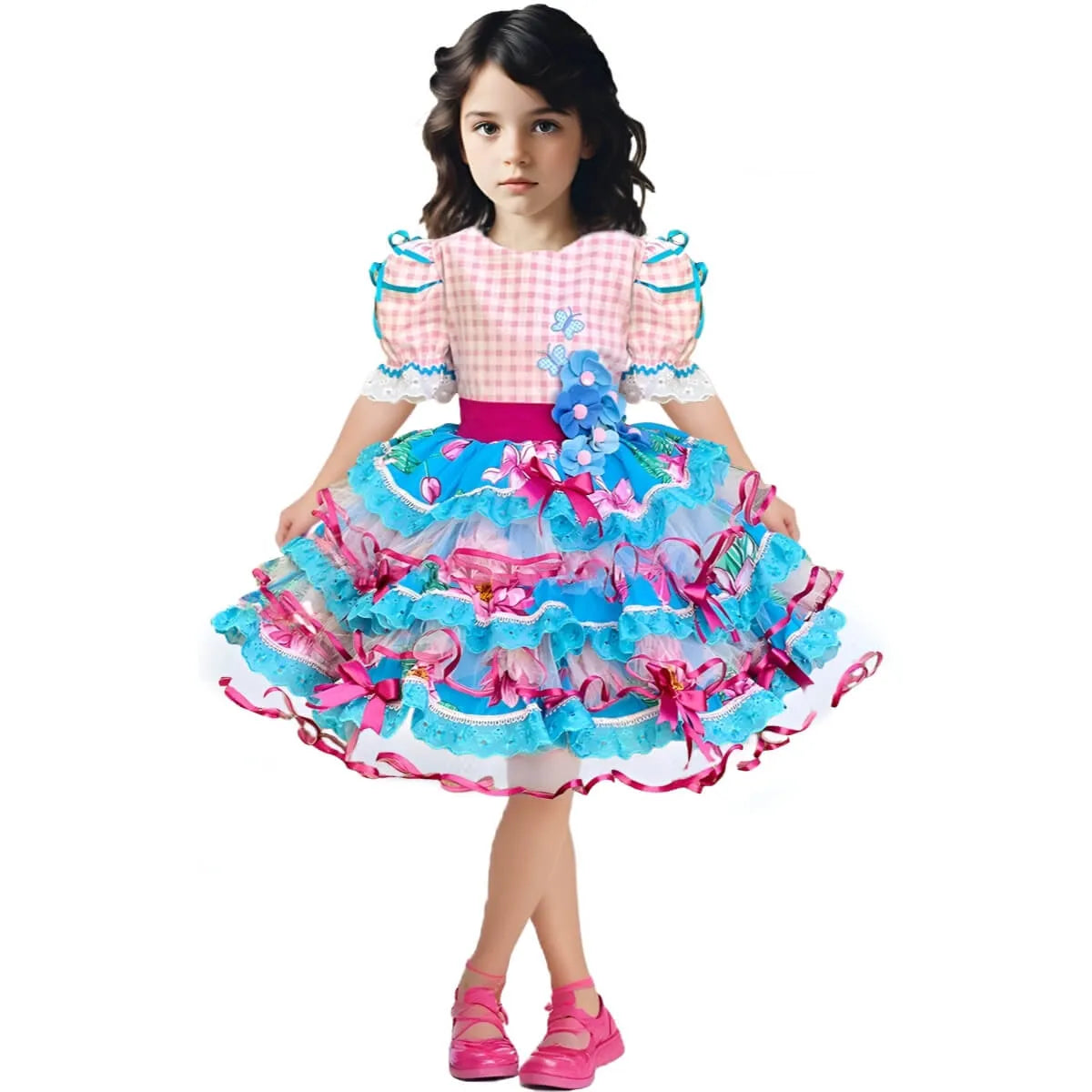 Vestido Festa Junina Xadrez Rosa Infantil Super Luxo Rodado Com Laço