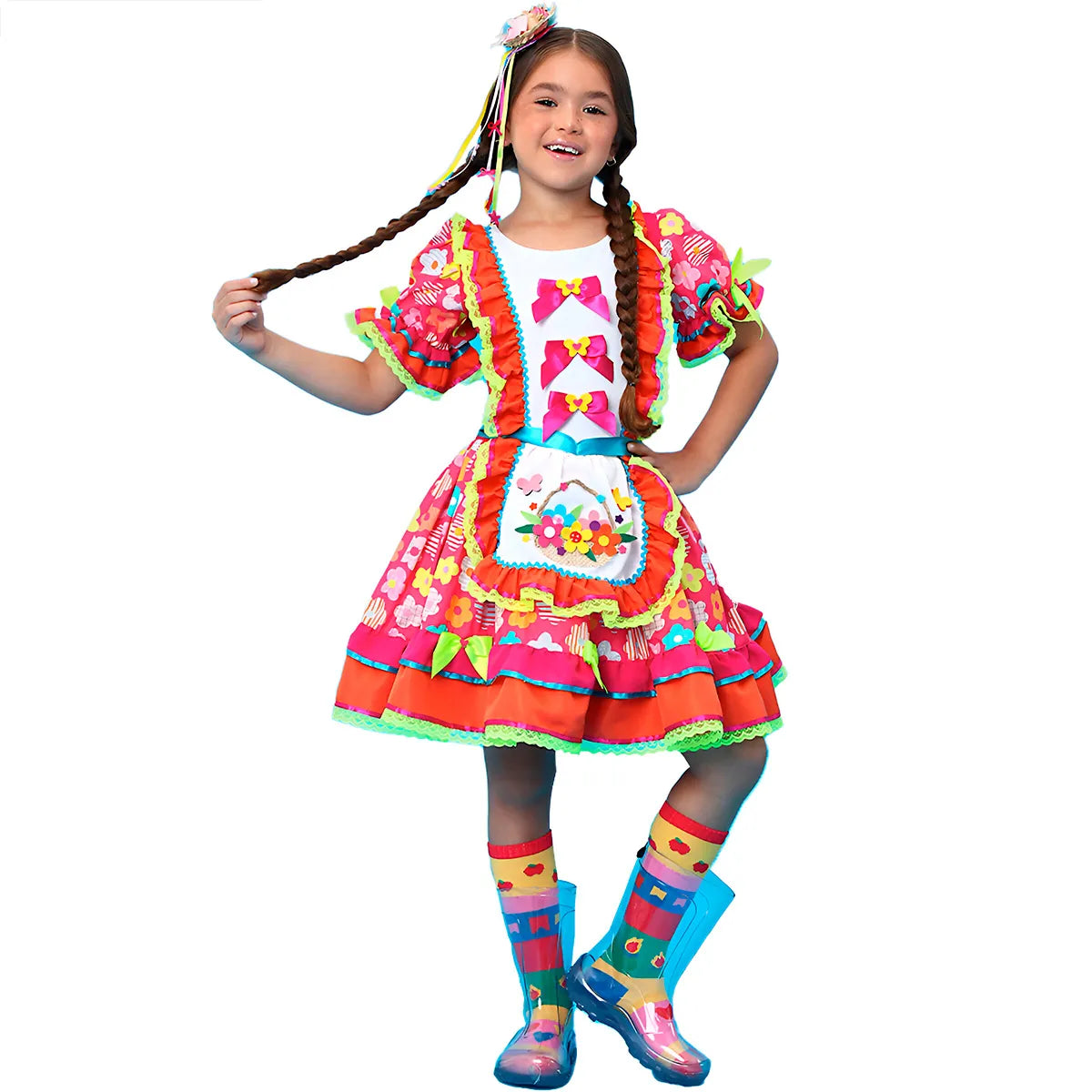 Vestido Festa Junina Infantil Luxo Rosa Roupa Caipira Floral Com Mini Chapeu de Palha